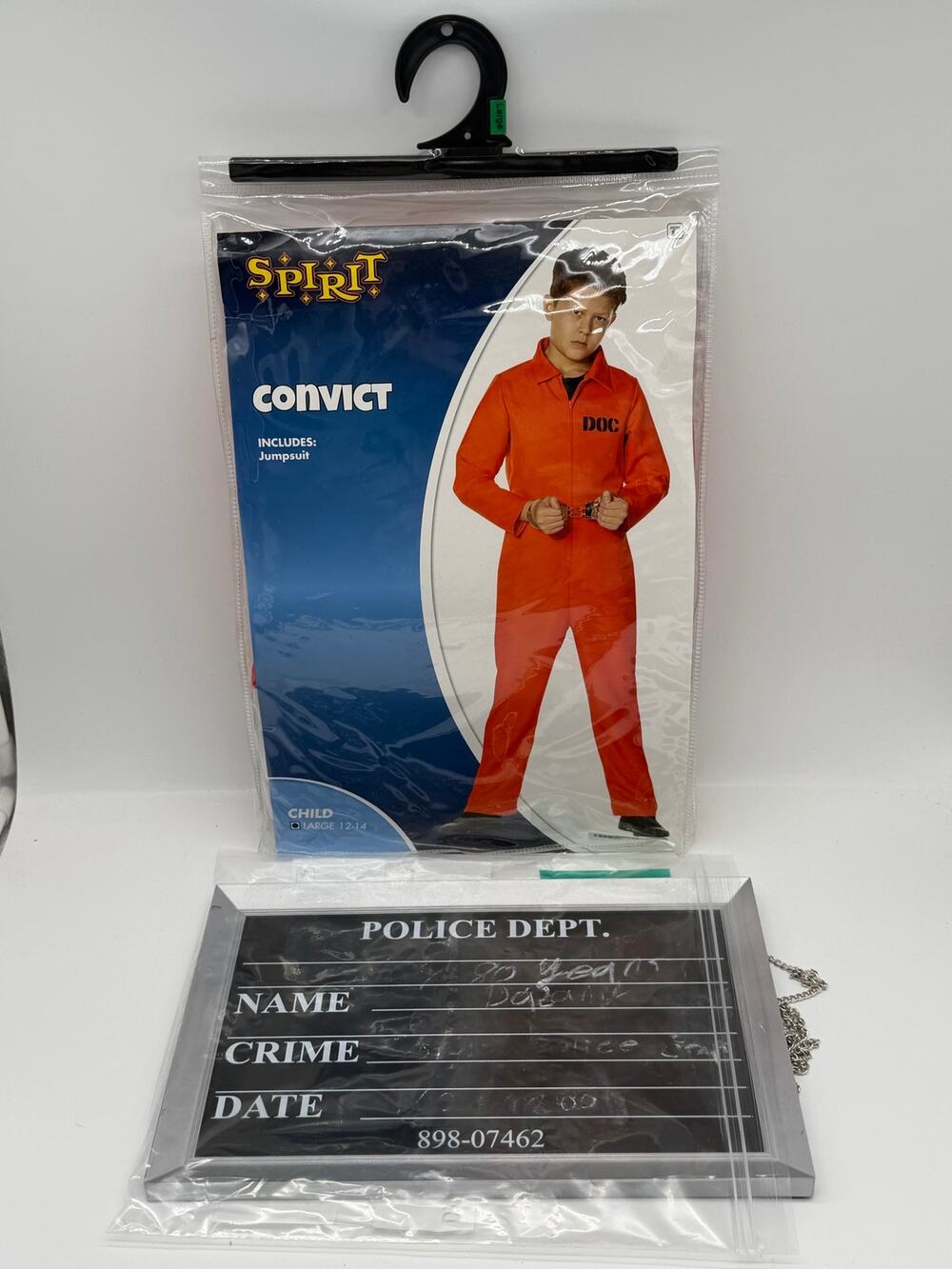 Spirit Halloween Child Convict Costume with Mugshot Sign – Size Large (12-14)